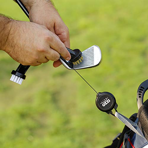 Izzo Golf Dual Golf Club Brushes - Includes a Brush for Golf Clubs & Brush to Clean Golf Club Grooves, with Golf Bag Zinger Black