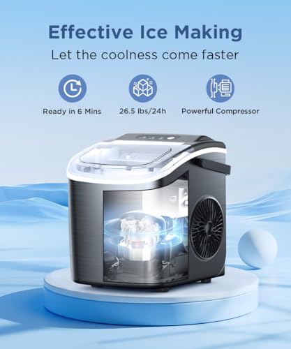 COWSAR Ice Maker Countertop, Stainless Steel Ice Maker Machine with Self-Cleaning, 26.5lbs/24Hrs, 6 Mins/9 Pcs Bullet Ice, Portable Ice Maker for Kitchen/Home/Office/Party/RV