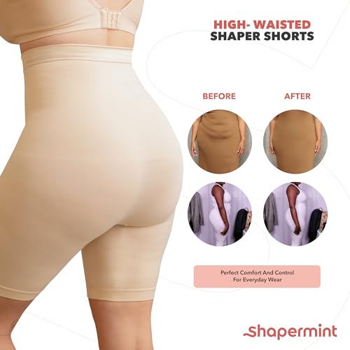 SHAPERMINT High Waisted Body Shaper Shorts - Shapewear for Women Tummy Control Small to Plus-Size Nude Large/Medium