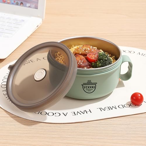 YCXXKJ Microwave Ramen Bowl Set, Ramen Bowl with Lid and Stainless Steel Liner, Ramen Cooker, Noodle Bowls for Home Office College Dorm Room, Dishwasher Safe (Green)