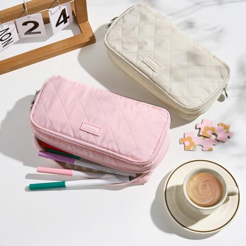 Sooez Large Pencil Case Pouch,Extra Big Pencil Bag with 8 Compartments,Pen Bag Wide Opening,Soft Quilted Pencil Pouch Organizer with Zipper,Portable Pencil Case for Teen Girls,Beige