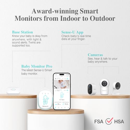 Sense-U Smart Baby Monitor Pro(Long Range)+2K PTZ Camera: Track Abdominal Movement with Arousal Vibration, Rollover, Feeling Temp, 2K Video, Background Sound & Motion Detection, No Monthly Fee