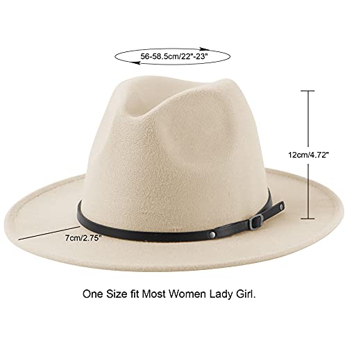 Lanzom Womens Classic Wide Brim Floppy Panama Hat Belt Buckle Wool Fedora Hat (One Size, Beige)