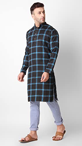 SKAVIJ Mens Cotton Full Sleeve Straight Checked Tunic Kurta (Blue, Mudium)