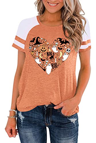 Halloween Shirts Women Hocus Pocus Shirt Funny Pumpkin Heart Graphic Tees Boo Short Sleeve Fall Tops（Orange2,Medium）