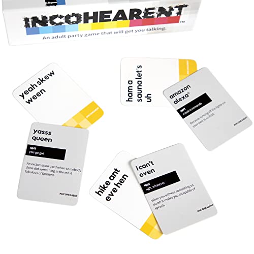 Incohearent, The Guess the Gibberish Party Game by Relatable, A Funny Card Game for Adults, Great for Christmas Party Games and Hanukkah Gifts, Includes 400 Cards, Instructions, and 1 Sand Timer