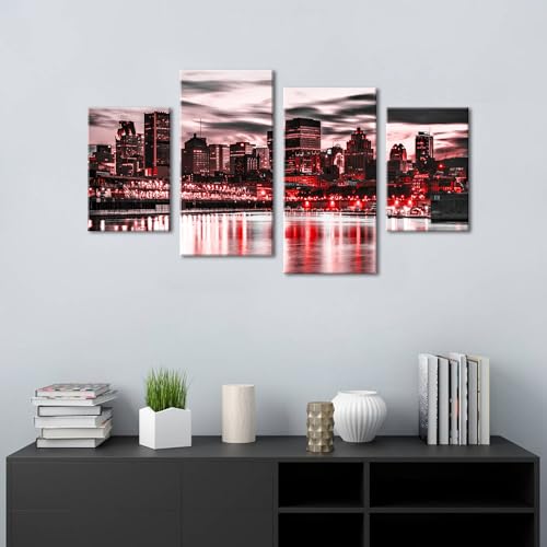 Boston Cityscape Red and Black Wall Art USA Pictures Canvas Print for Living Room Boston Night Scene Poster Office Paninting City Skyscraper Panoramic Wall Decor Modern Artwork Bedroom Home Decoration