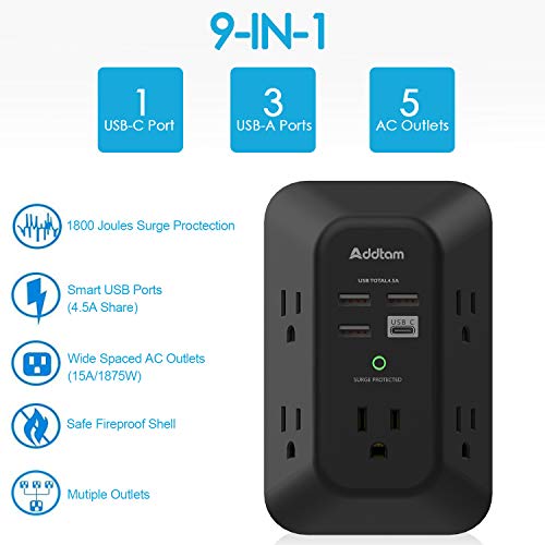 2 Pack Addtam USB Wall Charger Surge Protector, 5 Outlet Extender with 4 USB Charging Ports (1 USB C Outlet) 3 Sided 1800J Power Strip Multi Plug Outlets, Wall Adapter Spaced for Home Office, Black