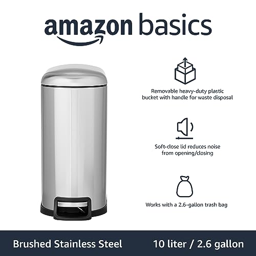 Amazon Basics Rectangular Small Trash Can with Lid and Soft-Close Foot Pedal for Bathroom, Bedroom, Living Room, Office, Smudge Resistant, 20l / 5.3 gallon, Nickel