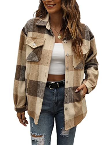 Tanming Womens Flannel Plaid Shacket Wool Blend Button Down Shirt Fall Fashion Jacket (01 Brown, S)