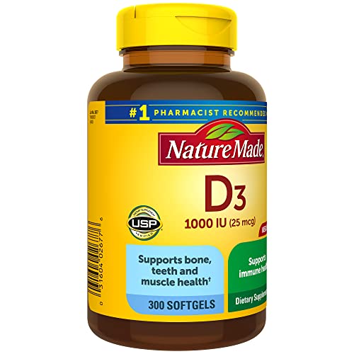 Nature Made Vitamin D3 1000 IU (25 mcg) Softgel, Dietary Supplement for Bone, Teeth, Muscle and Immune Health Support, 300 Day Supply,300 Count (Pack of 1)