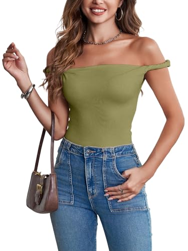 Tankaneo Womens Off The Shoulder Top Sleeveless Slim Fit Stretchy Tank Top Y2k Casual T Shirts Army Green