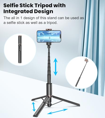 TONEOF 60" Selfie Stick Tripod for Video,All-in-1 Extendable Cell Phone Tripod Stand with Integrated Remote,360° Rotate Lightweight & Portable Tripod for 4-7” iPhone/Android/Photo & Video Kits/Travel