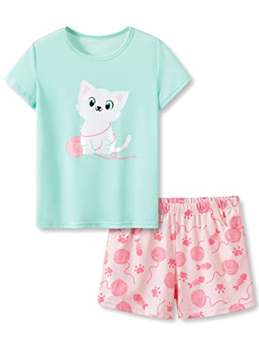Tebbis Summer Pajamas for Little/Teen Girls – Pink & Cute Cat PJS Cute Jammies Set Size 5T