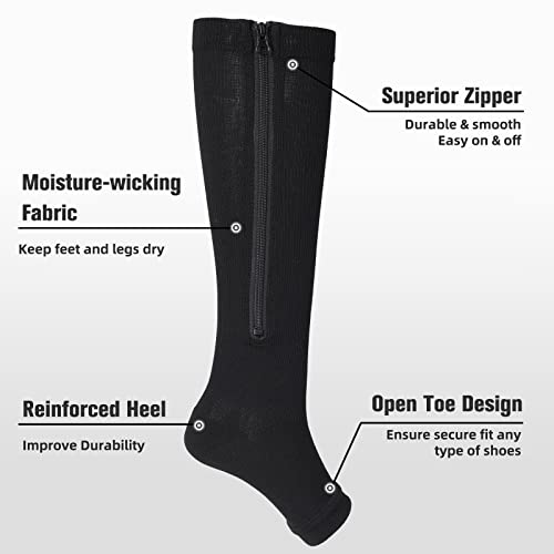 Ktinnead 2 Pairs Zipper Compression Socks for Women, 15-20 mmHg Open Toe Compression Stockings for Women Men, Graduated Knee High Medical Compression Socks for Nurse, Teacher, Pregnant(Black Nude S/M)