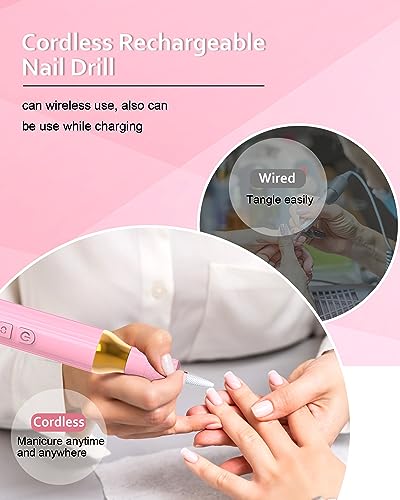 DEEHENK Electric Cordless Nail Drill Portable Nail Drill Machine for Gel Acrylic Nails, Rechargeable Nail File for Home Salon Electric Nail File Pink