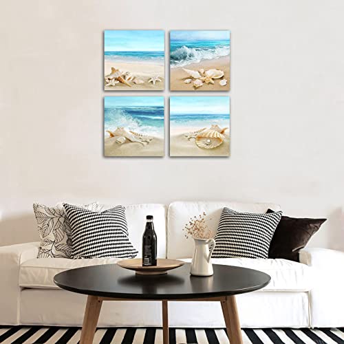 Beach Waves Wall Art Ocean Decor Sands Seashell Starfish Nature Pictures Blue Canvas Artwork Turquoise Wall Art for Bathroom Bedroom Living Room Office Kitchen Wall Decor 12" x 12" x 4 Pieces