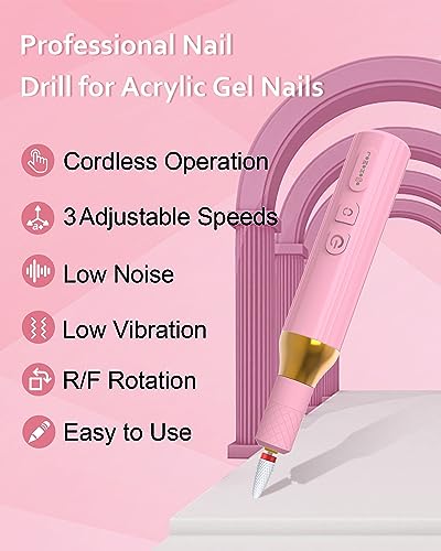 DEEHENK Electric Cordless Nail Drill Portable Nail Drill Machine for Gel Acrylic Nails, Rechargeable Nail File for Home Salon Electric Nail File Pink