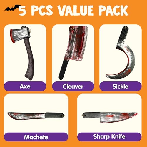 JOYIN 5 Pcs Knife Weapons Halloween Decorations Outdoor Indoor Toys Halloween Home Decor Haunted House Fake Blood, Machete Axe Cleaver Sickle