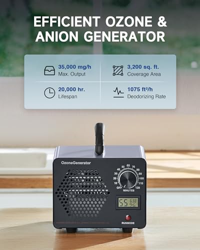 CREWORKS Ozone Generator, 5000 mg/h High Capacity Ozone Machine for Car Home Smoke Pet Odor Removal, Commercial Ozone Odor Eliminator Air Purifier with Timer Display for 3200 sq ft Room, Black