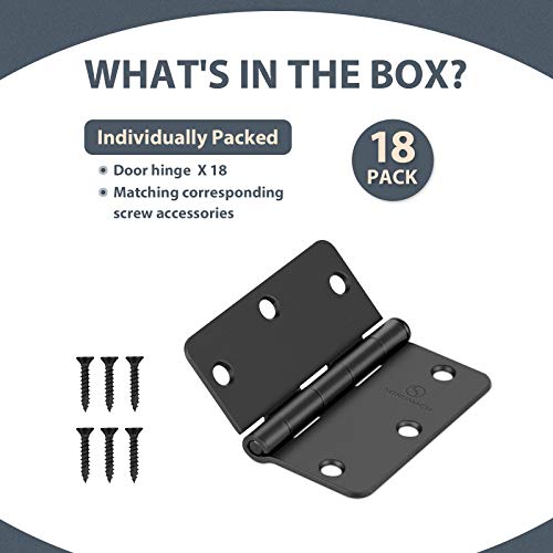 SORGMACH Door Hinges 3 1/2 Inch Matte Black 3.5 Inch Interior Hinges 1/4" Radius Iron Hinge 3 ½"x 3 ½" Door Hardware - 18 Pack
