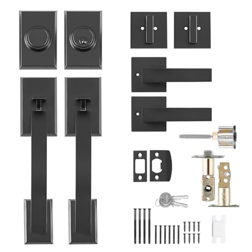 VEVOR Front Door Handle, Matte Black Square Handle Set with Lever Door Handle No Lock, Adjustable Hole Space, Entry Door Handle with Reversible for Right and Left Handed Entrance and Front Door