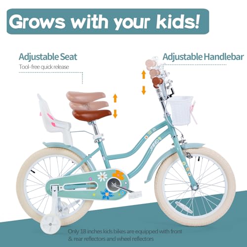 JMMD Girls Bike Ages 4-12 Years Old, Kids Bike for Toddlers with Basket & Training Wheels, 12 14 16 18 20 24 Inch Kids Bicycle with Handbrake & Kickstand, Mint