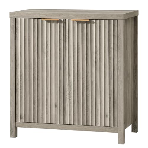 OAKHAM HOME Oxford Storage Cabinet Fluted Sideboard Buffet Cabinet with Adjustable Shelves, Modern Accent Cabinet Multifunctional Console Cabinet for Living Room, Kitchen.(Grey Oak)