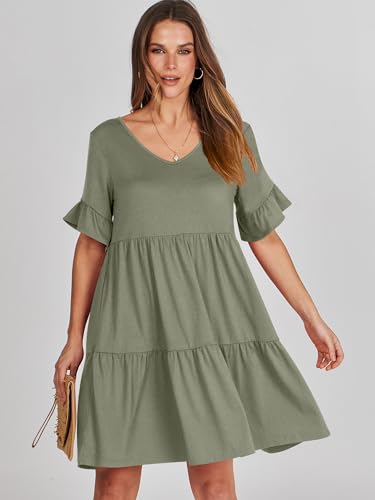 ANRABESS Women's 2024 Summer Trendy V Neck Ruffle Short Sleeve A Line Tiered Flowy Casual Mini Beach Dress with Pockets Deep Green Medium