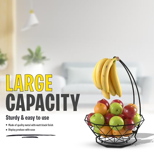 CuttleLab Fruit Basket with Banana Hanger, Fruit Bowl with Banana Holder, Fruit Bowl for Kitchen Counter used as Bread Basket, Vegetable Basket, Fruit Stand or Egg Holder with Banana Tree