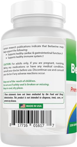 Best Naturals Berberine 500mg 120 Capsules - Supports Immune Function, Cardiovascular & Gastrointestinal Function (120 Count (Pack of 1))