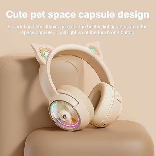 PHNIXGAM Cat Bluetooth Headphones, Wireless Headset with Mic, RGB LED Light Compatible with Mobile Phones PC Tablet, with 3.5mm Wired Mode for Audio Only, Beige