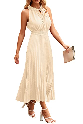 PRETTYGARDEN Women's Midi Summer Dresses Casual V Neck Swiss Dot Ruffle Sleeveless A Line Beach Sun Dress (Wine Red,Medium)