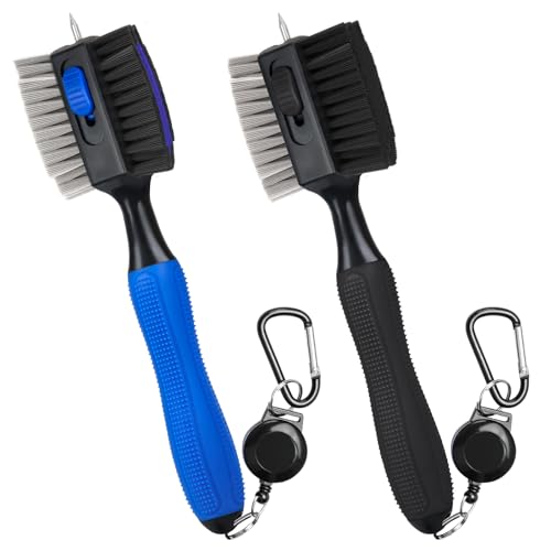 Dsquu 2 Pack Golf Club Brush Cleaner with 2ft Extended Cord and Non-Slip Handle for Convenience Cleaning Safer Golf Club Brush Tool with Retractable Spike Club Groove Cleaning Kit for Men Gift