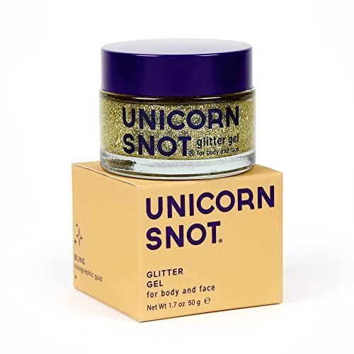 Unicorn Snot Face & Body Glitter Gel - Cosmetic-Grade Holographic Glitter - Festival, Anime Cosplay, Halloween Costume Makeup - Safe for Face, Easy Application & Removal - Gold Glitter, 1.7oz (Bling)