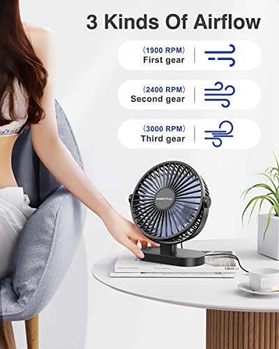 SWEETFULL USB Desk Fan Small Quiet - 3 Speeds Mini Personal Portable Fan 360° Rotation Adjustable, 5 Inch Office Table Cooling Gadgets on Desktop (Black)