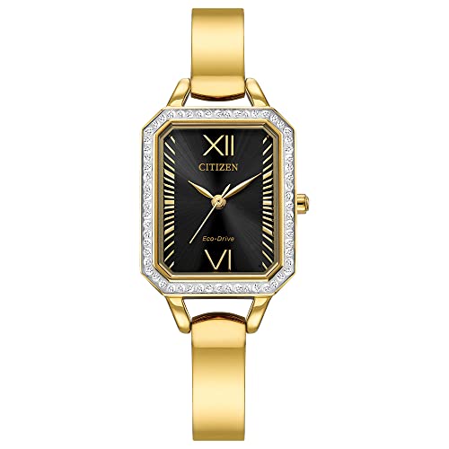 Citizen Women's Eco-Drive Dress Classic Crystal Watch in Gold-tone Stainless Steel, Black Dial (Model: EM0982-54E)