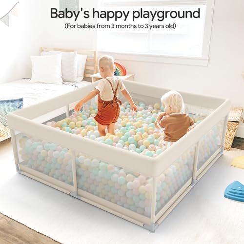 Fodoss Baby Playpen, Upgrade Playpen for Babies and Toddlers, 47x47x26inch Beige Play Pen for Babies with Hand Pulling Ring, Play Pen Center for Kids,Baby Fence,Baby Playards