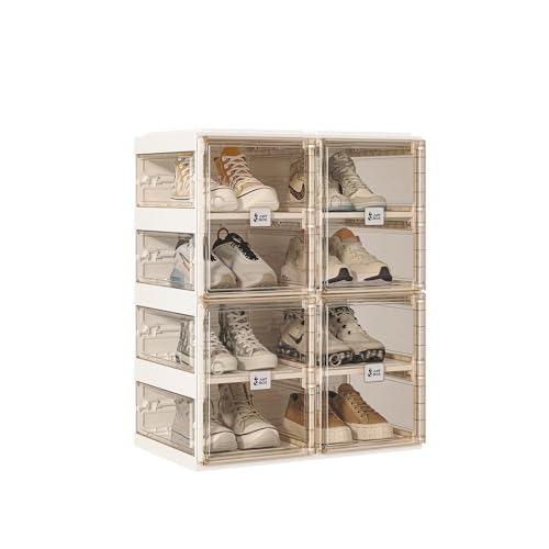 ANTBOX Foldable Shoe Rack,Shoe Organizers for Closet Plastic Shoe Storage Box For Entryway,Living Room,Large Sturdy Stackable Sneaker Cabinet Bins With Magnetic Clear Door 4 Tiers 8 Pairs