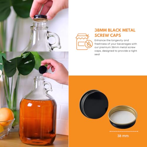 FastRack 1 Gallon Glass Jug with 38mm Black Metal Screw Cap | Set of 16 | Premium Glass Gallon Jugs for Wine Making Supplies, Fermenting and Brewing Needs