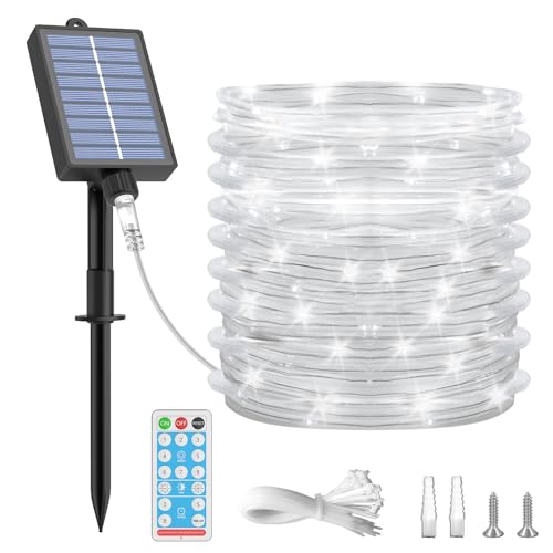 ICRGB Solar Rope Lights, 39FT 120LED Outdoor Solar Powered String Lights, IP67 Waterproof, 8 Modes, Dimmable and Timer, Remote Control Solar Lights for Outside Patio Porch Garden Pool Decor, White