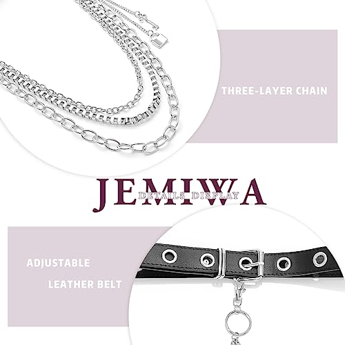 Jemiwa Leather Belt Chain Pant with Detachable Silver Punk Aesthetic Waist Belts Hip Hop Rock Jeans Chains (Black-B)