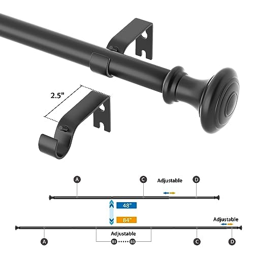 Box Space Curtain Rods for Windows 28 to 48 Inch, 3/4 Inch Diameter Black Curtain Rod with Decorative Finials, Adjustable Length Small Window Curtain Rod Heavy Duty Drapery Rod, Black