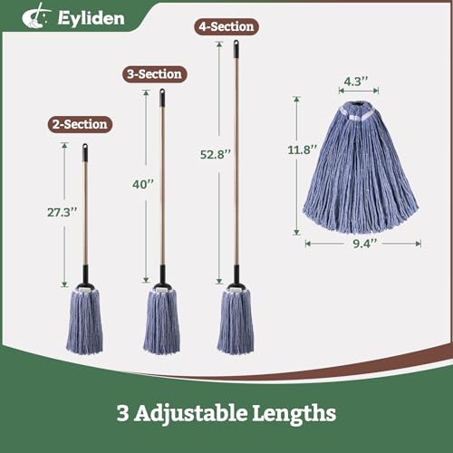 Eyliden String Mop with 2 Reusable Heads, Non-Touch Replacement Mops for Floor Cleaning, 4 Scouring Pads Adjustable Handle Floor Mop, Wet and Dry Cotton Mop for Any Surfaces, Commercial Home, Blue