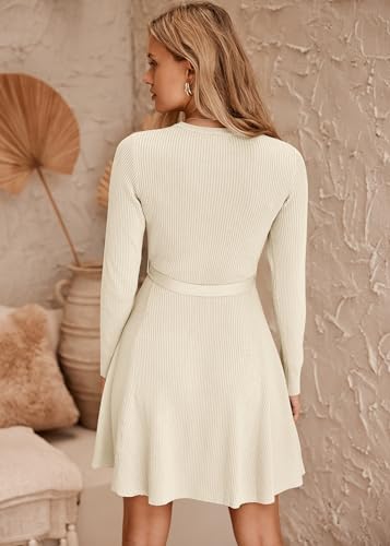 HOTOUCH Women Fall Rib Knit Pullover Sweater Casual Dress 2024 Long Sleeve Winter Dresses Slim Dress with Belt White M