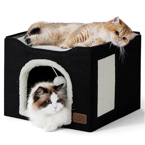 Bedsure Large Cat Beds for Indoor Cats - Extra Wide Cat Cube House for Small Pet with Fluffy Ball Hanging and Scratch Pad, Foldable Pet Cave Hideaway for Multiple Cats, 23.6x16.9x13 inches,Pink