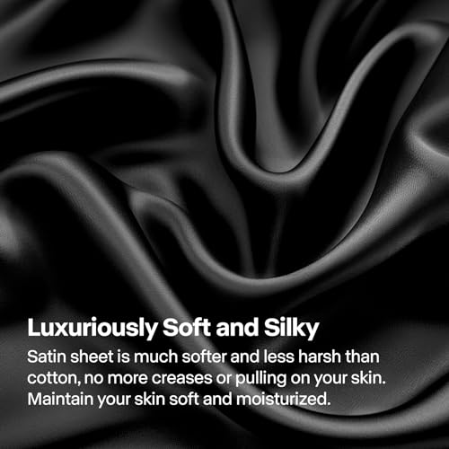BEDELITE Satin Fitted Sheet and Pillowcase Set, Luxury Soft Similar to Silk Bottom Bed Sheet with Elastic Corner Straps, Deep Pocket up to 15 Inch, 1 Fitted Sheet and 1 Pillowcase(Twin, Black)