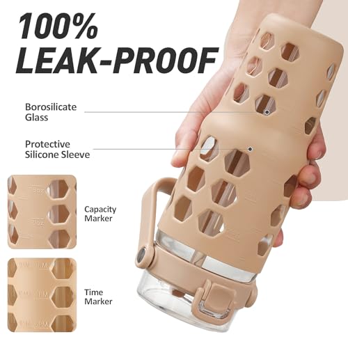 MUKOKO Half Gallon/64 oz Glass Water Bottles with Straw and Lid,Motivational Water Jug with Time Marker Reminder and Silicone Sleeve,100% Leakproof BPA Free Fitness Sports Large Bottle-Purple