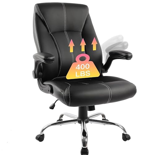Big and Tall Office Chair for Heavy People 400lb, Executive Desk Computer Chair Adjustable Flip-up Armrests, PU Leather Swivel Task Chair with Ergonomic High Back and Lumbar Support
