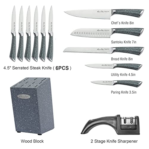 Block Knife Set, Harriet 13 Piece Marbling Kitchen Knife Set with Sharpener, High-Carbon Rustproof Stainless Steel Chef Knife Set with Non-Stick Blades